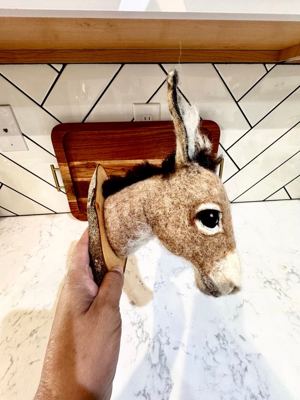 handmade needle-felt wool donkey head faux taxidermy wall mount wood backing